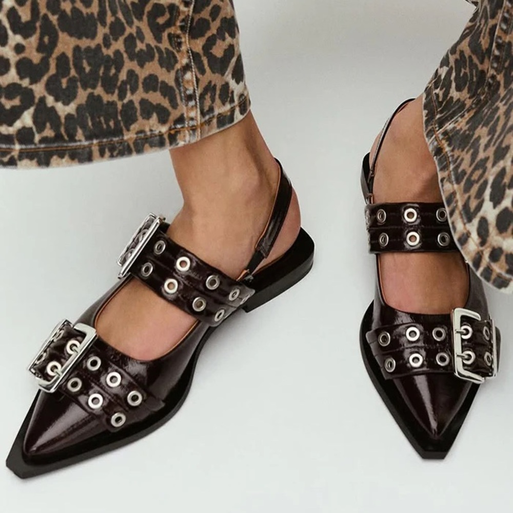 Ganni Dark Brown Flats with Silver Buckles